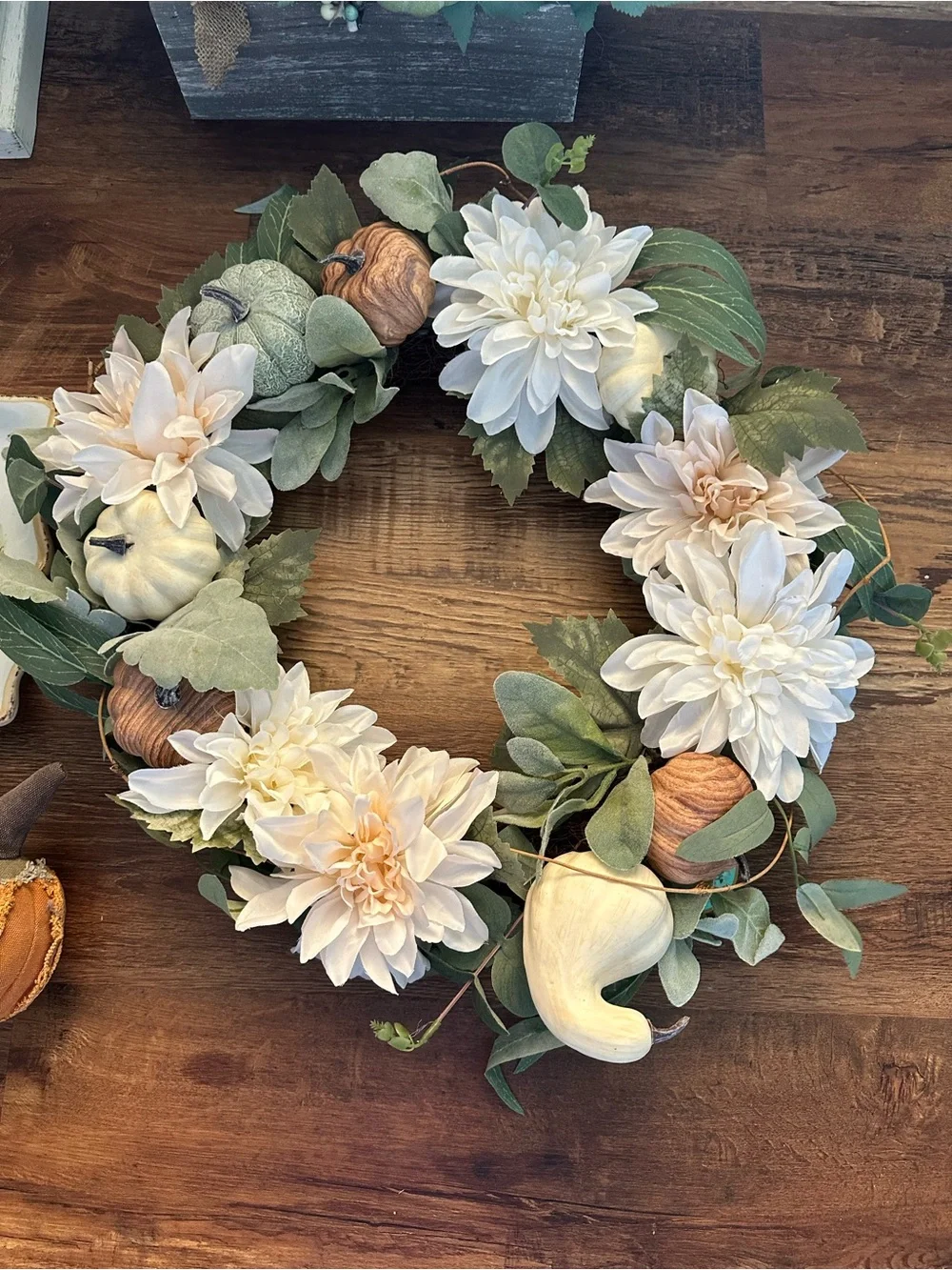 Neutral Autumn Floral Wreath with Mini Pumpkin Accents